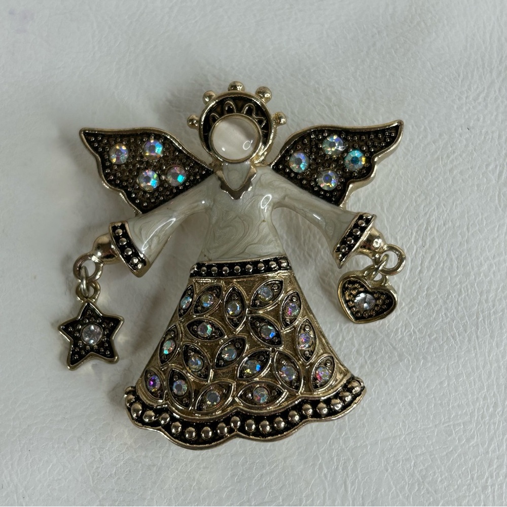 Vtg Kenneth Cole Angel Pin Brooch Signed KC Gold Tone Rhinestone Enamel 2"